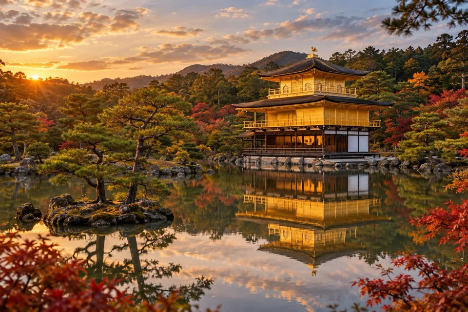 Gold-leafed Golden Pavilion of Kinkaku-ji Temple mirrored in the still pond in Kyoto