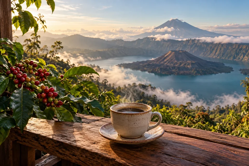 Coffee cup overlooking a volcano and crater lake in mist; visualisation