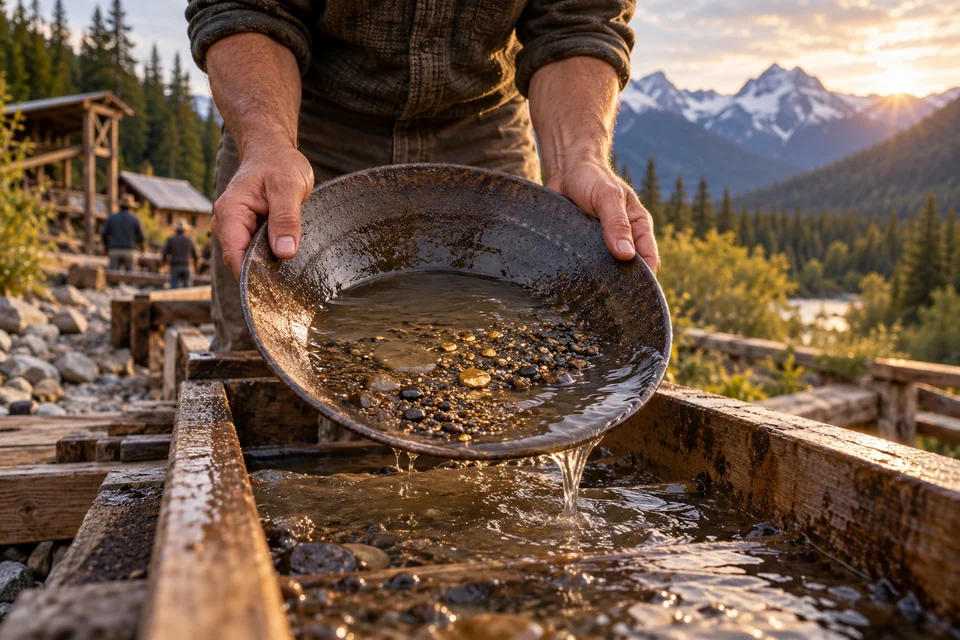 Hands holding a gold pan with shining flakes; visualisation