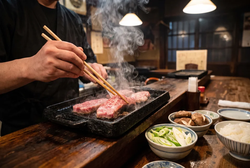 Kobe beef grilling at a counter with a bowl of rice, visualization