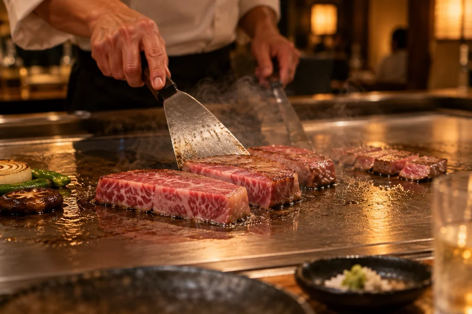 Marbled Kobe beef slices cooking on a teppanyaki grill under the chef's hands