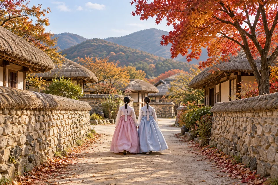 Two visitors in pastel hanbok walking between thatched houses, from behind; visualisation