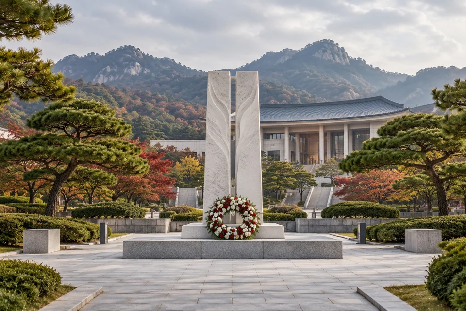 Wreath of red and white flowers at a white stone memorial; visualisation