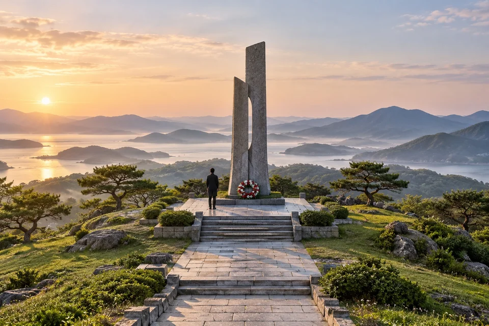 Flower wreath at a hillside memorial with a visitor from behind; visualisation
