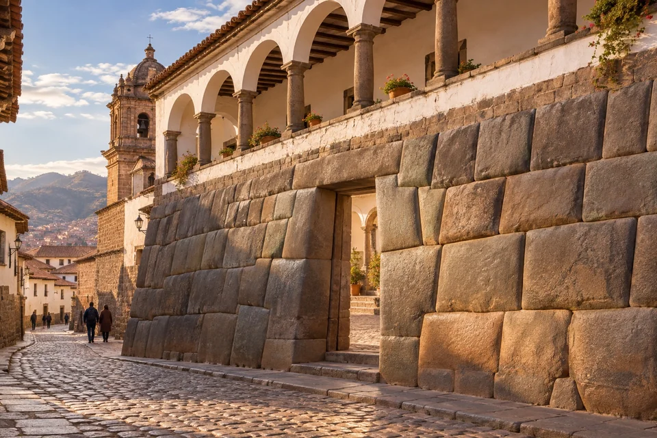 Precisely fitted Inca stone walls with a trapezoidal doorway; visualisation