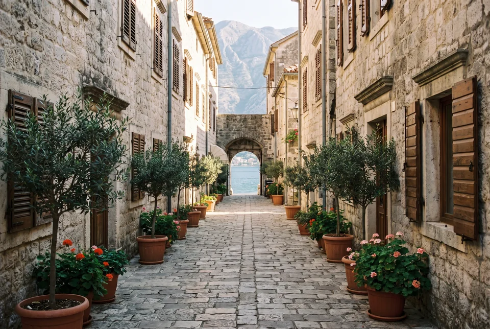 Stone-paved street with olive trees and geraniums in Kotor Old Town, visualization