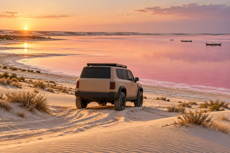 4x4 on dunes beside a pink-tinted lake; visualisation