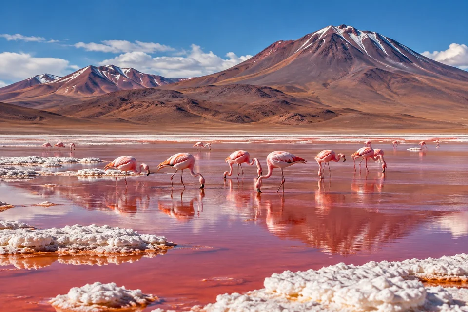 Flamingos wading in a red high-altitude lagoon; visualisation