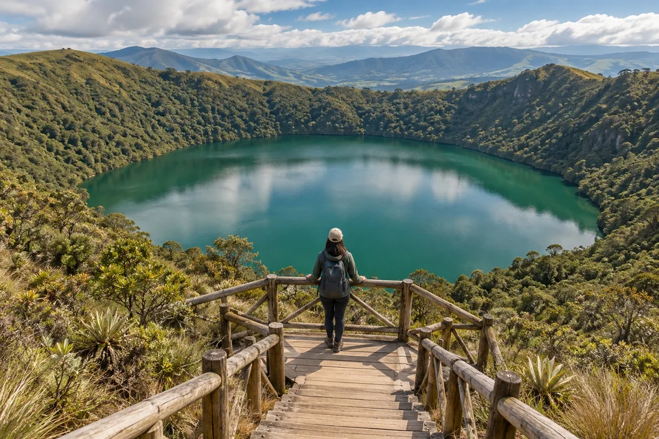 Round emerald crater lake seen from a wooden trail; visualisation