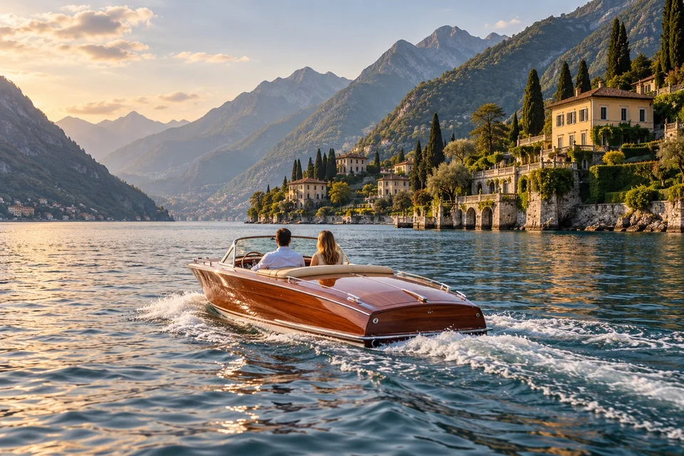 Wooden motorboat passing lakeside villas with terraced gardens; visualisation