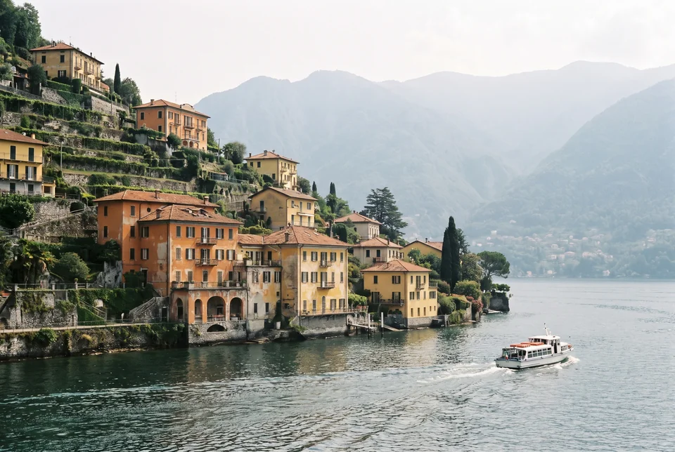 Orange and yellow villas on the shore of Lake Como with a boat and the Alps behind, visualization