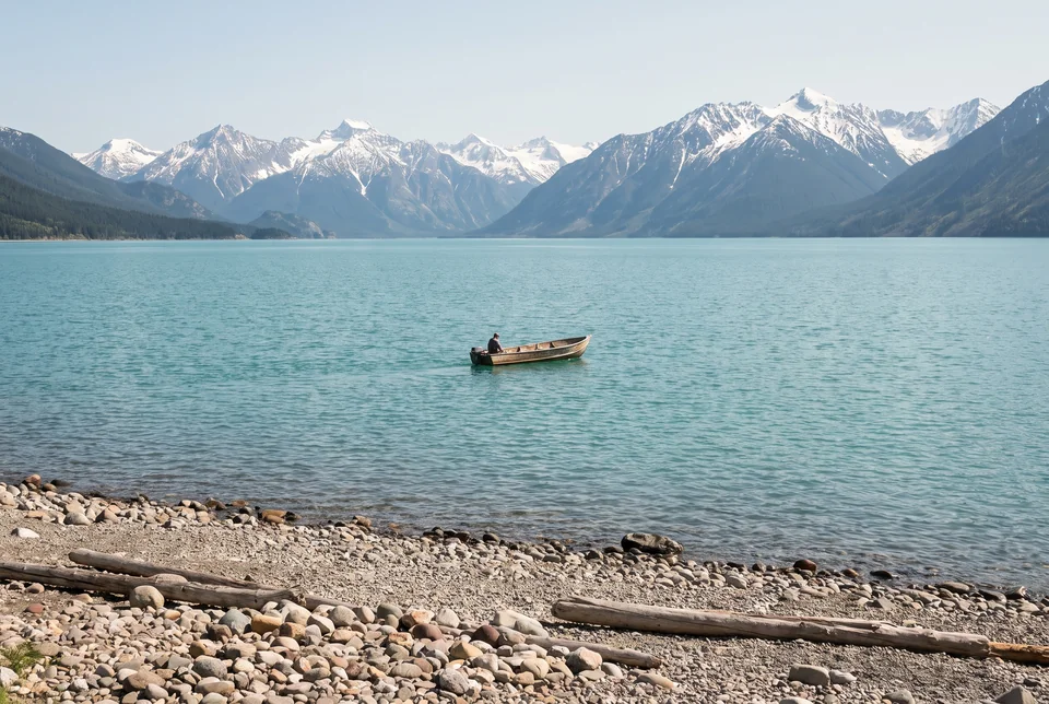 Pebble shore, a small boat and snowy mountains on Lake Issyk-Kul, visualization