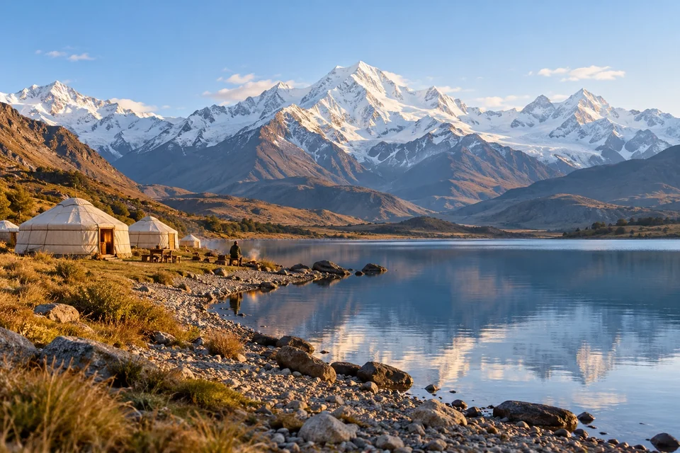 Vast mountain lake with a yurt camp and snowy peaks; visualisation