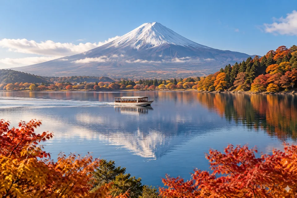 Boat on a calm lake with a snow-capped volcano reflected; visualisation