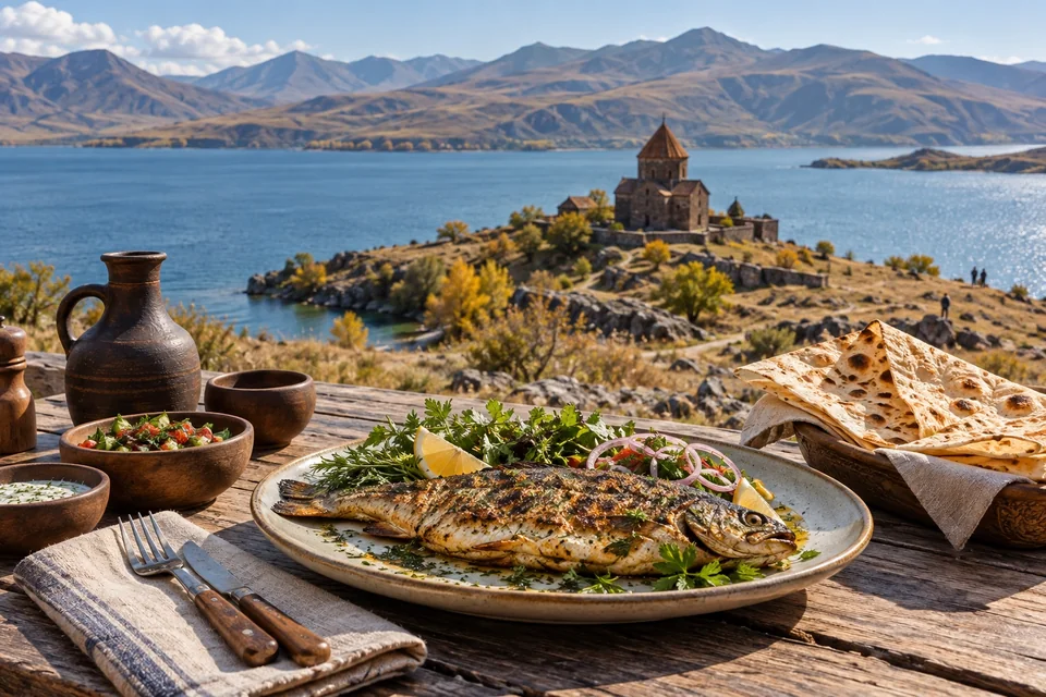Grilled trout by a lake with a stone church behind; visualisation