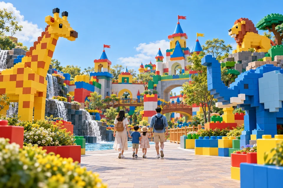 Family walking between giant colourful toy brick sculptures; visualisation