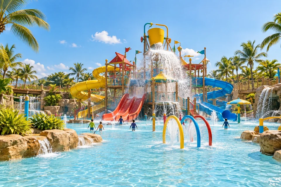 Family water park with bright coloured slides and a splash tower; visualisation