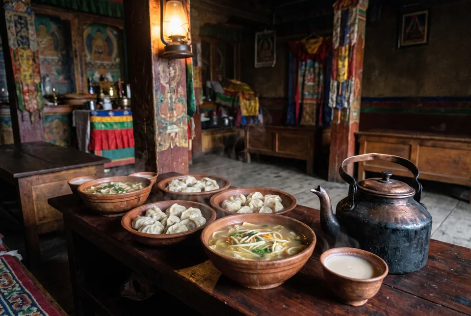 Momo dumplings, thukpa soup and butter tea on a low table in a traditional Tibetan dining room, visualization