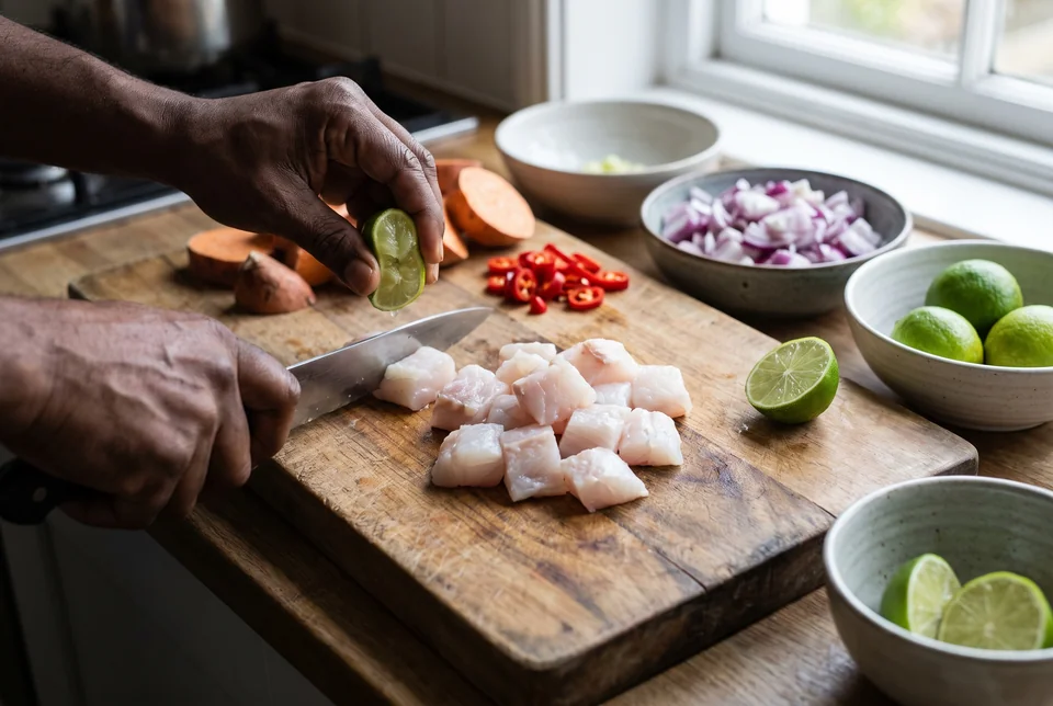 Fish cubes, lime, red onion and chilli at a ceviche workshop in Lima, visualization