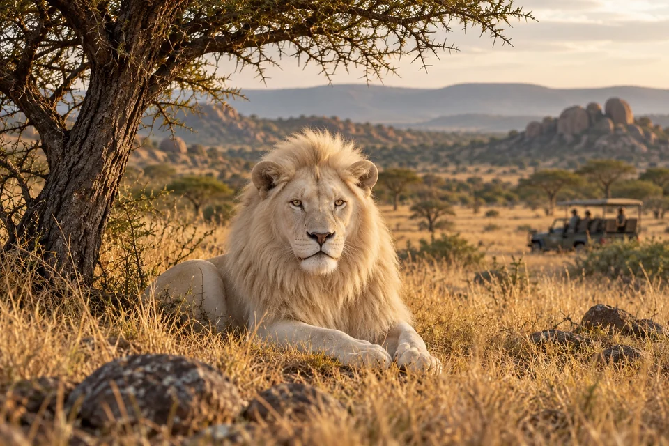 White lion resting in golden grass; visualisation