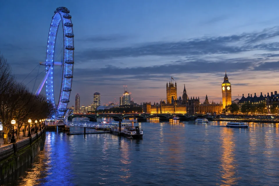 London Eye and Westminster on the Thames at blue hour in London