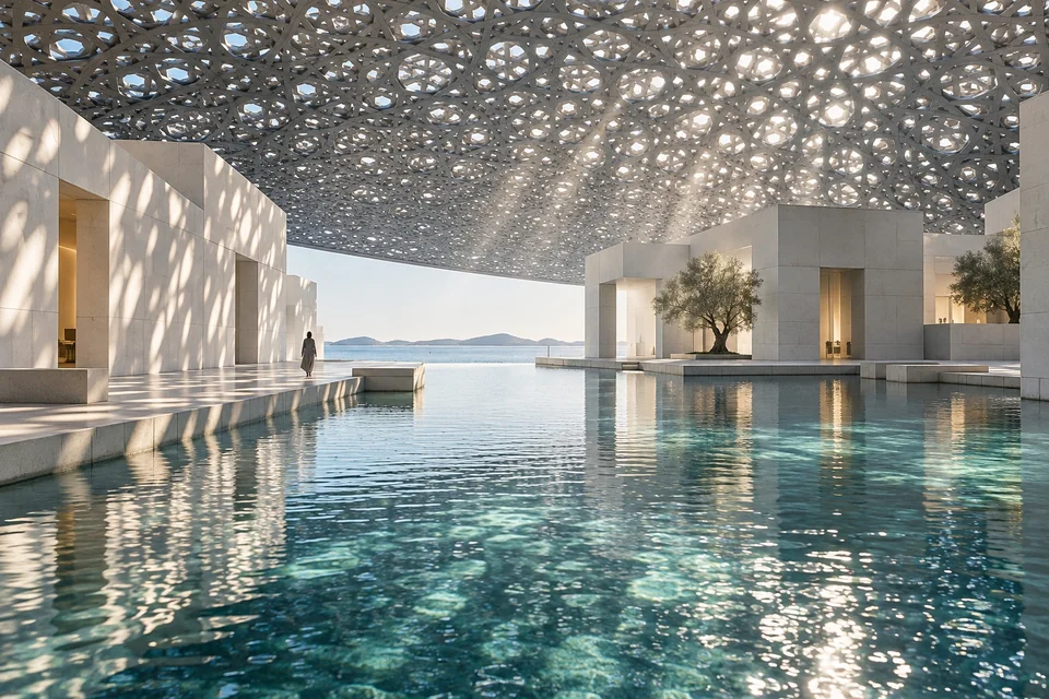 Dappled light under a vast perforated dome over water; visualisation