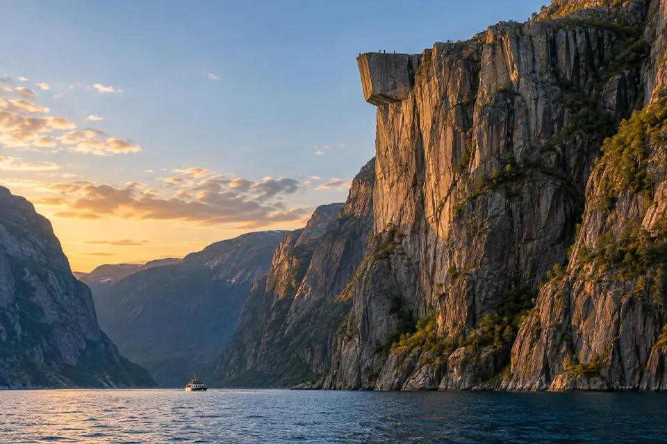 Sightseeing boat passing beneath the flat-topped Pulpit Rock cliff in the Lysefjord