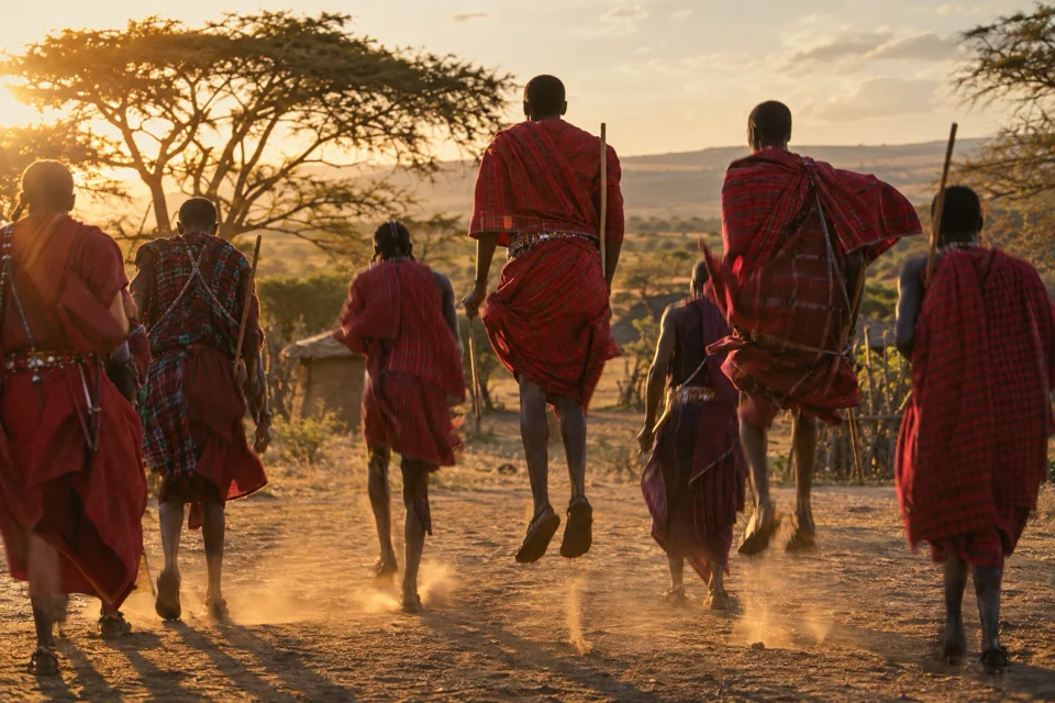 Maasai men in red shukas performing the traditional jumping dance in a village, seen from behind