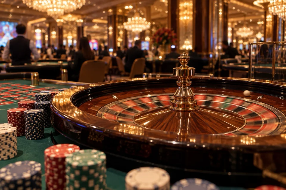 Spinning roulette wheel and stacks of chips on a green gaming table in a Macau casino