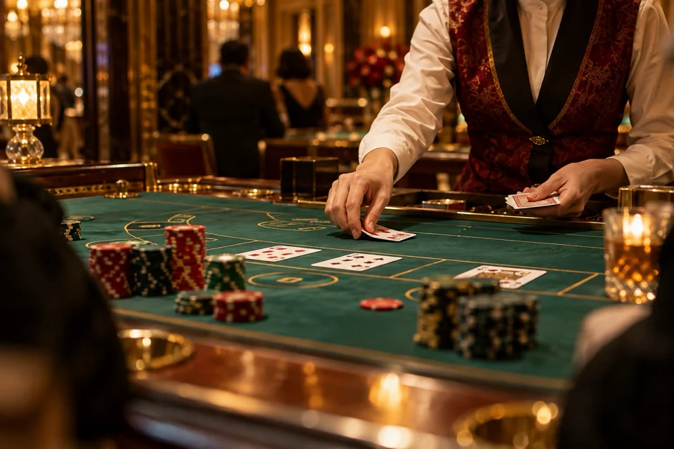 Cards dealt and chips on a baccarat table in a Macau casino, only hands in frame