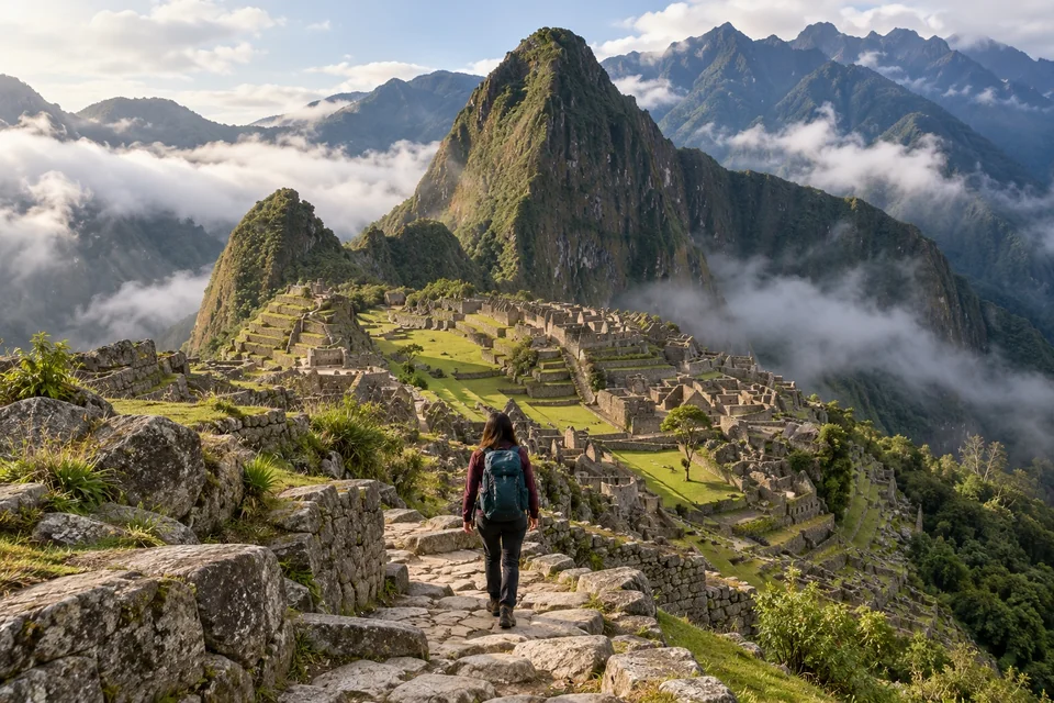Inca stone citadel on a ridge with terraces and a steep green peak; visualisation