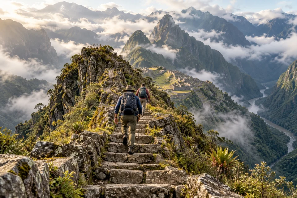 Hikers climbing stone steps above a cloud-wrapped Inca citadel; visualisation