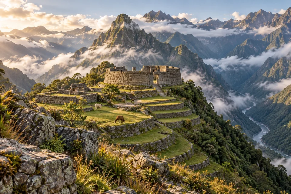Curved stone sun temple wall and green terraces with llamas; visualisation