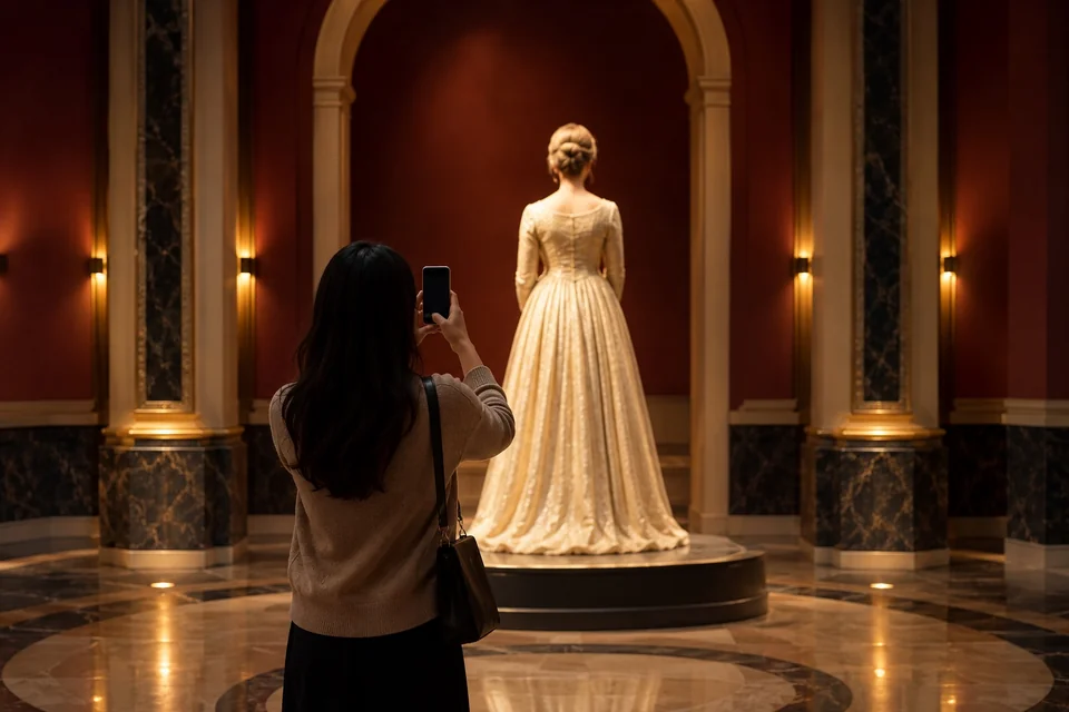 Visitor photographing a wax figure in a spotlit museum gallery, from behind; visualisation