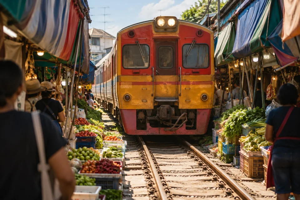 A train slowly passing between market stalls at Maeklong Railway Market, visualization