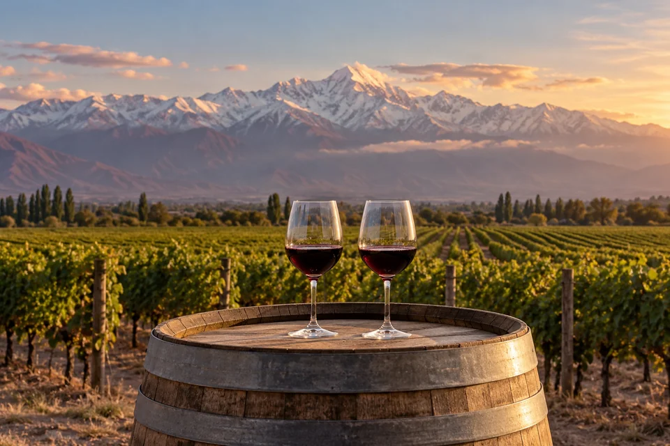 Red wine on a barrel with vineyards and snowy Andes; visualisation