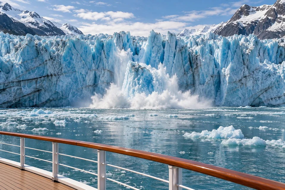Ice calving from a massive glacier face into the sea; visualisation
