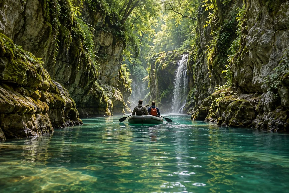 Small boat in a narrow emerald canyon; visualisation