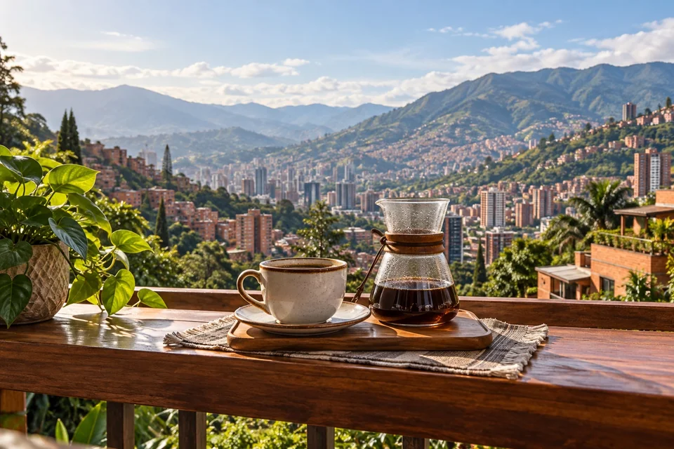 Coffee on a terrace overlooking a red-brick valley city; visualisation