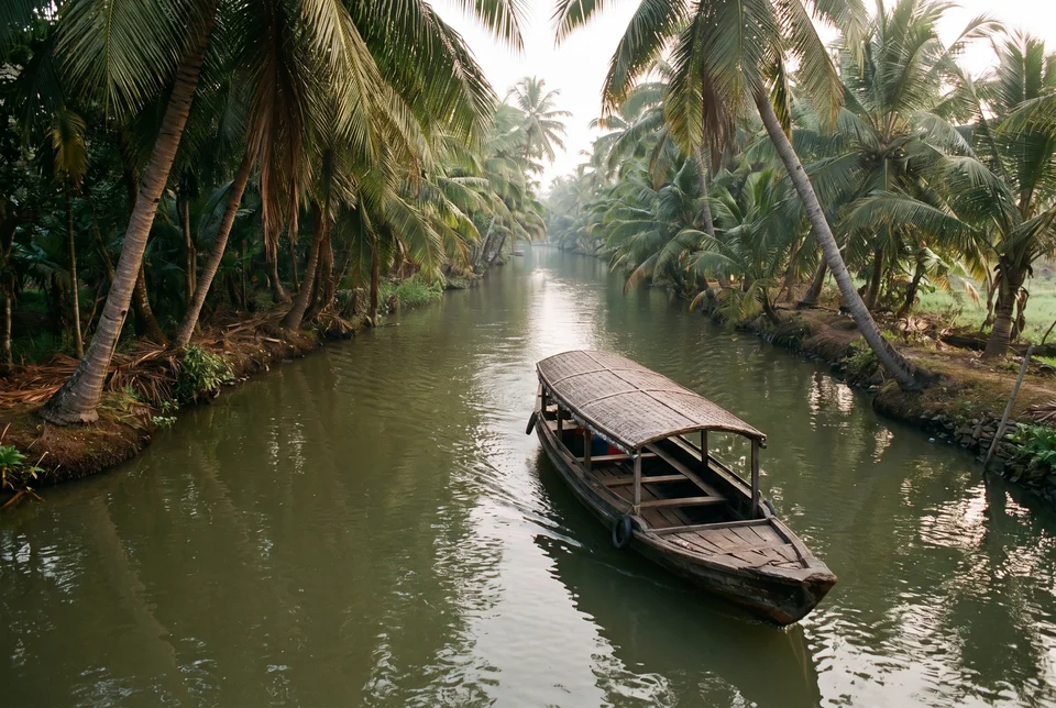 Traditional wooden boat on a narrow canal between coconut palms, Mekong Delta, visualization