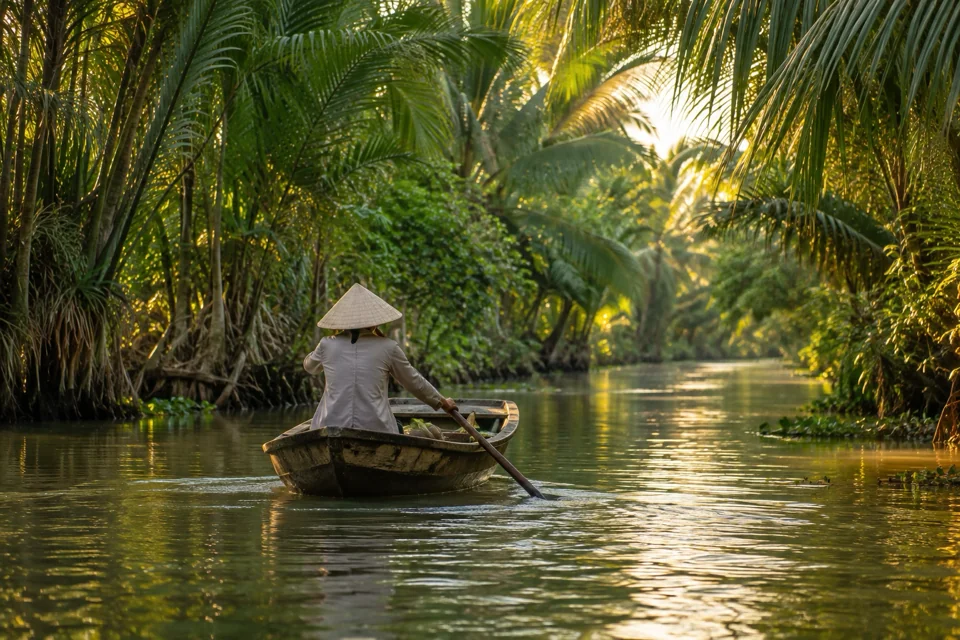 Wooden sampan rowed along a narrow palm-lined canal in the Mekong Delta
