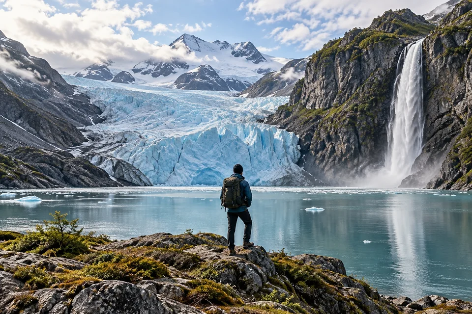 Blue glacier and a tall waterfall beside a lake; visualisation