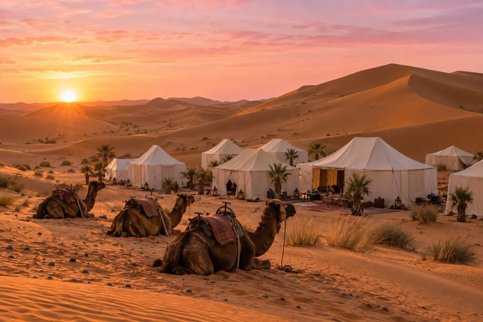 Desert camp tents among the orange Sahara dunes at Merzouga at sunrise