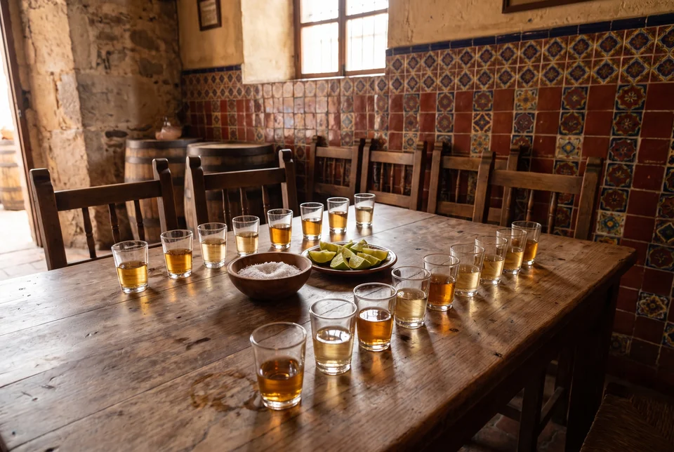 Rows of tequila glasses with lime and salt in a Mexican cantina, visualization