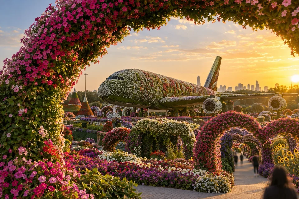 Giant sculptures and arches made of living flowers at Dubai Miracle Garden