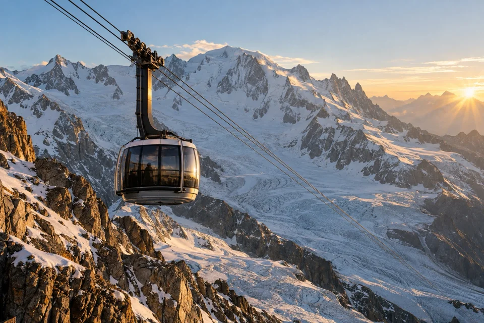 Cable car rising from Courmayeur toward the Mont Blanc summit above Alpine glaciers