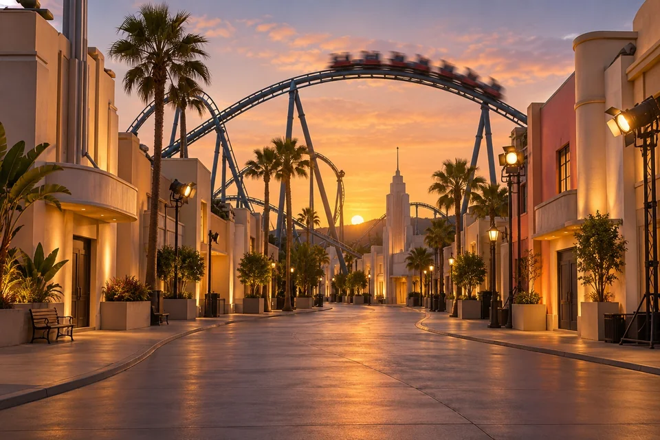 Roller coaster arcing over a film-set style street at dusk; visualisation