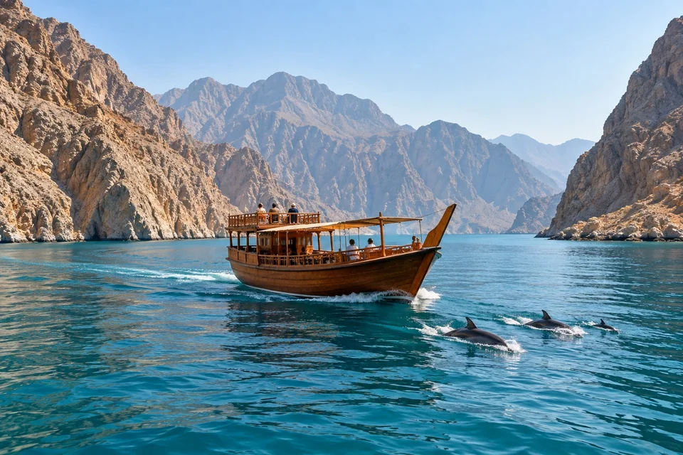 Wooden dhow in a turquoise fjord between bare rock mountains with dolphins; visualisation