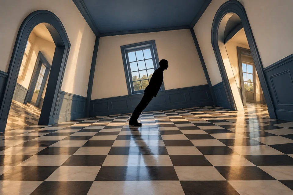 Tilted illusion room with a checkerboard floor and warped perspective; visualisation