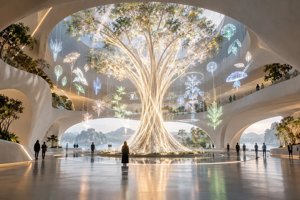 Futuristic museum hall with a glowing tree of light and holographic plants; visualisation